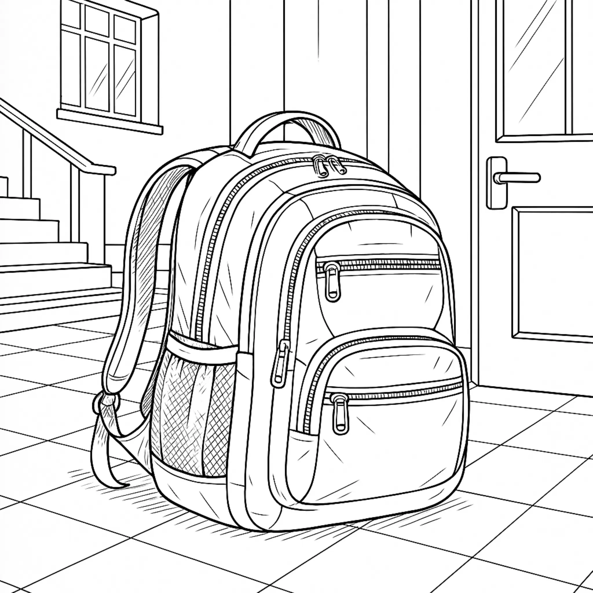 Explore Our Hard Realistic Student Backpack in School Entrance Coloring Page coloring page printable