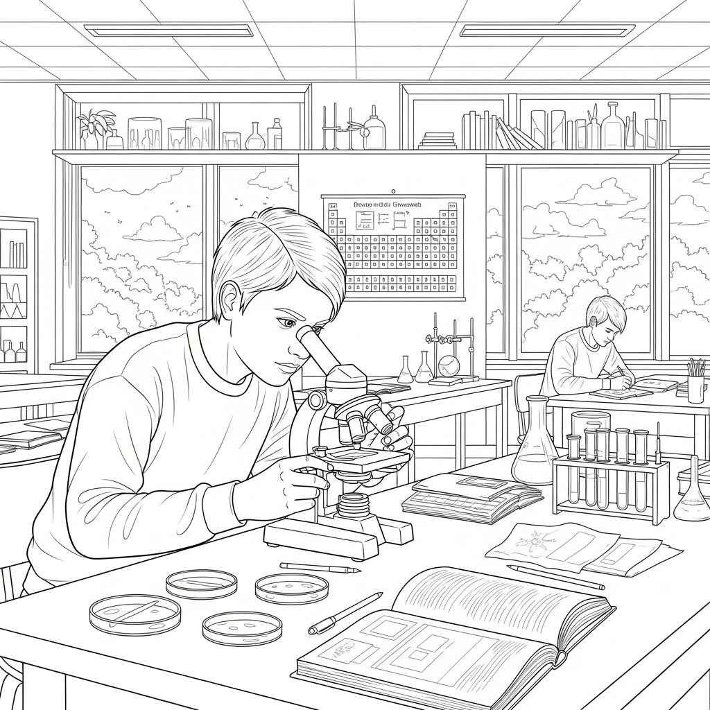 Página de Colorir de Estudante Usando Microscópio coloring page printable