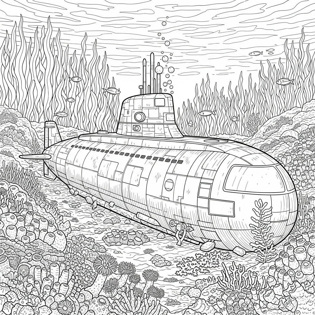 Moeilijke Realistische Kleurplaat van een Onderzeeër op de Zeebodem met Bellen coloring page printable