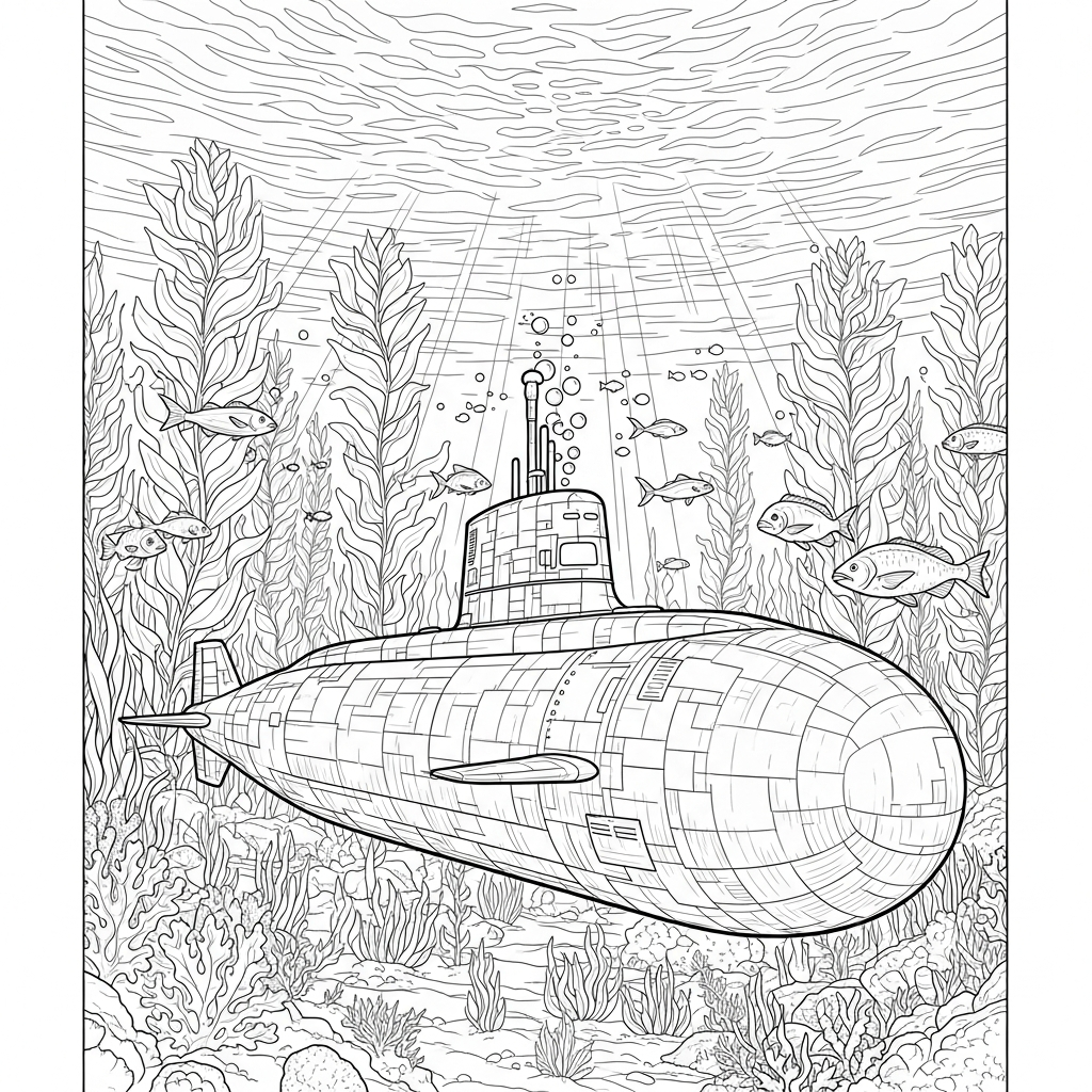 Página de Colorir de Submarino Realista Difícil Sob as Ondas coloring page printable