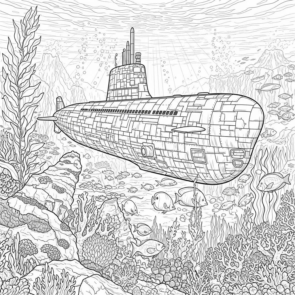 Moeilijk Realistisch Kleurenpagina: Onderwater Avontuur met Een Onderzeeër coloring page printable
