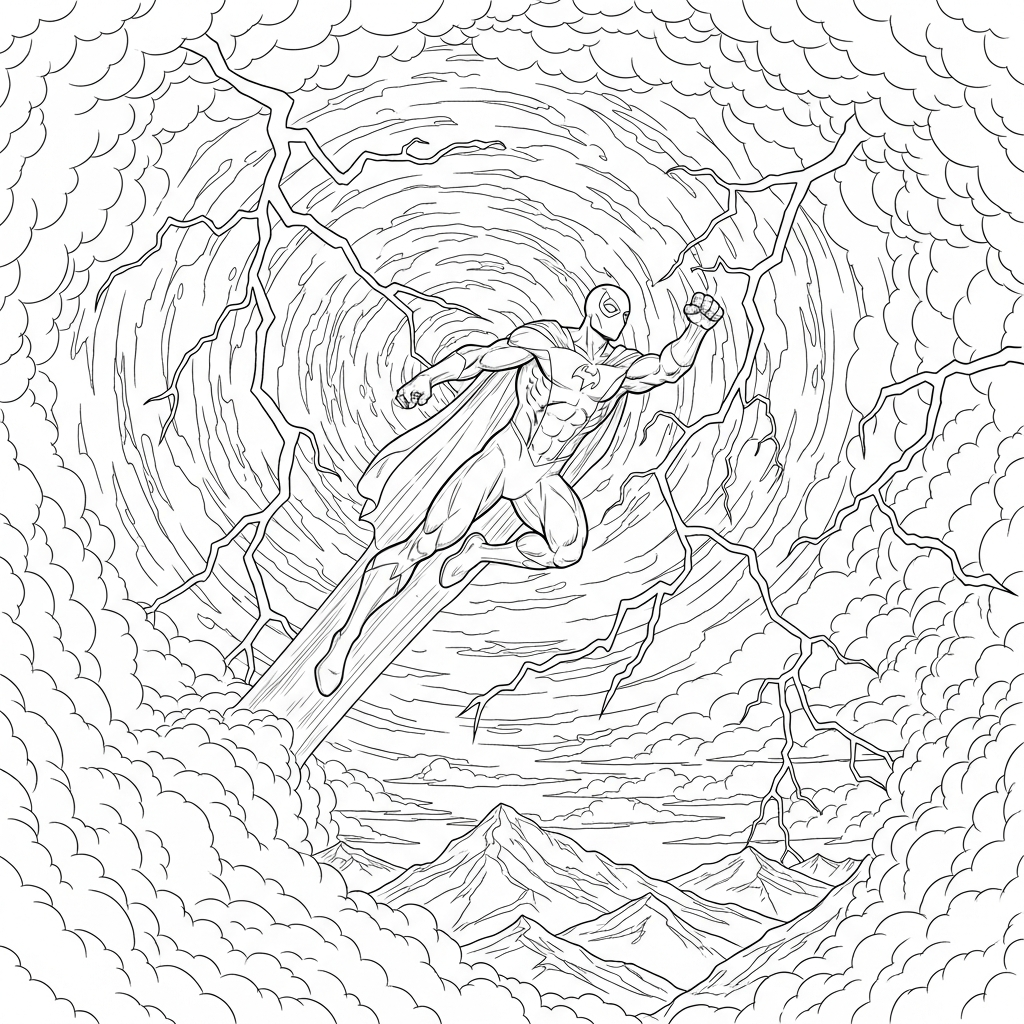 Epic Realistic Superhero Soaring Through Lightning Coloring Page coloring page printable