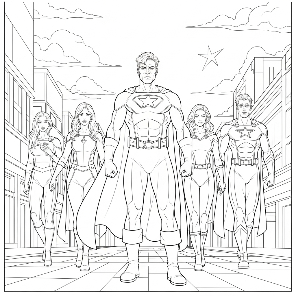 Embark on a Creative Adventure with Our Realistic Superhero Team Coloring Page coloring page printable