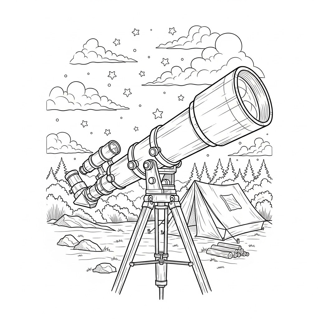 Realistic Telescope Coloring Page Near Campsite coloring page printable