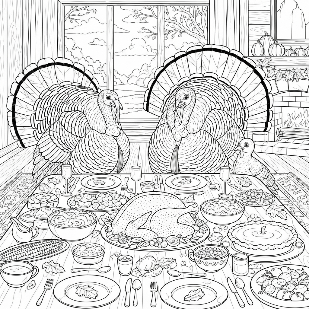 Colora la Famiglia di Tacchini Realistici per il Ringraziamento coloring page printable