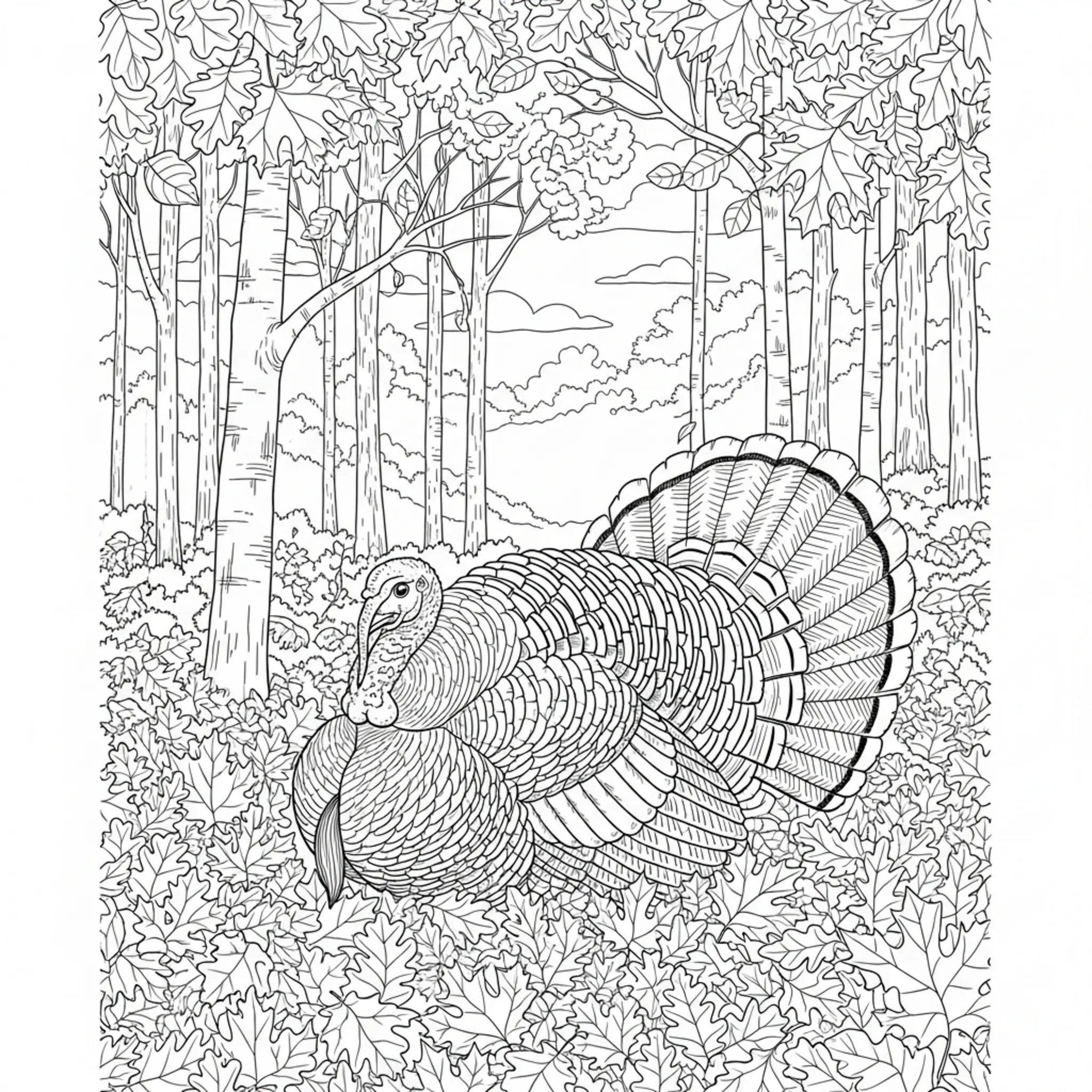 Página para Colorir de Peru de Ação de Graças Realista Difícil na Floresta de Folhas de Outono coloring page printable