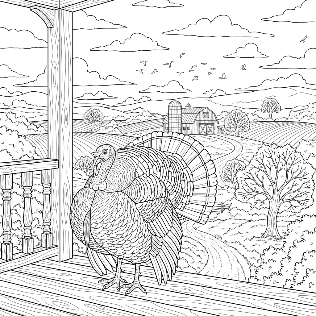 Realistisches Dankeschön-Turkey Ausmalbild auf einem rustikalen Bauernhof-Porches coloring page printable