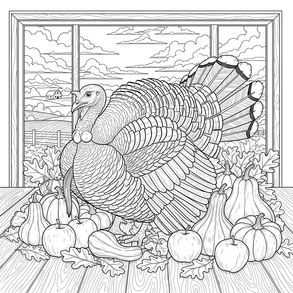 Schwieriges Realistisches Ausmalbild: Erntedanktruthahn mit Äpfeln und Kürbissen coloring page printable
