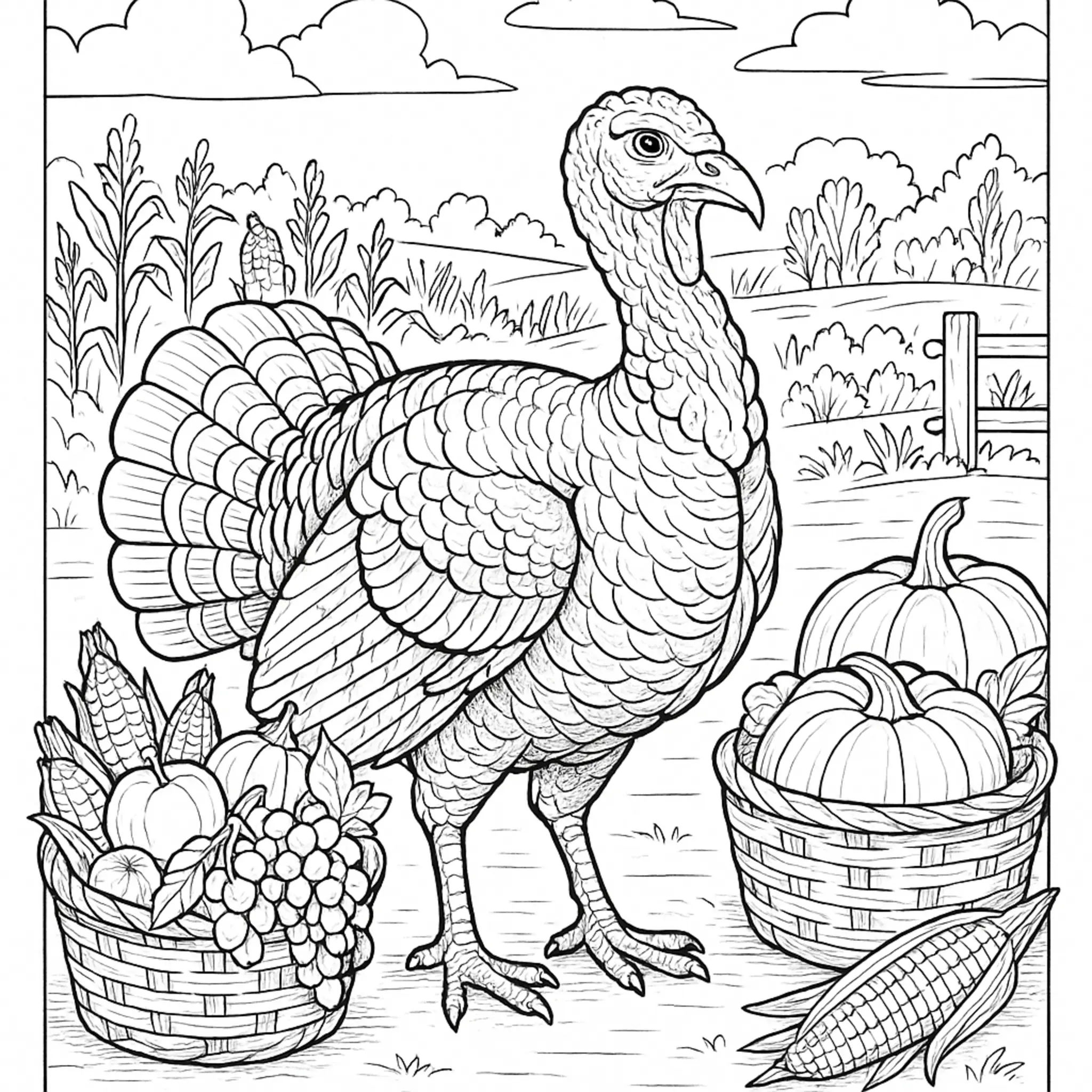 Ausmalbild Thanksgiving Truthahn Mit Erntekörben coloring page printable