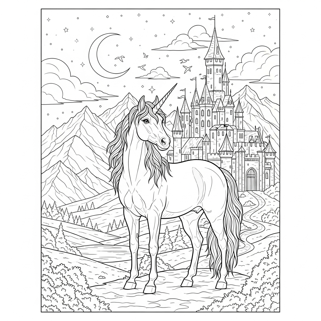 Intricate Unicorn Coloring Page Next to a Castle coloring page printable