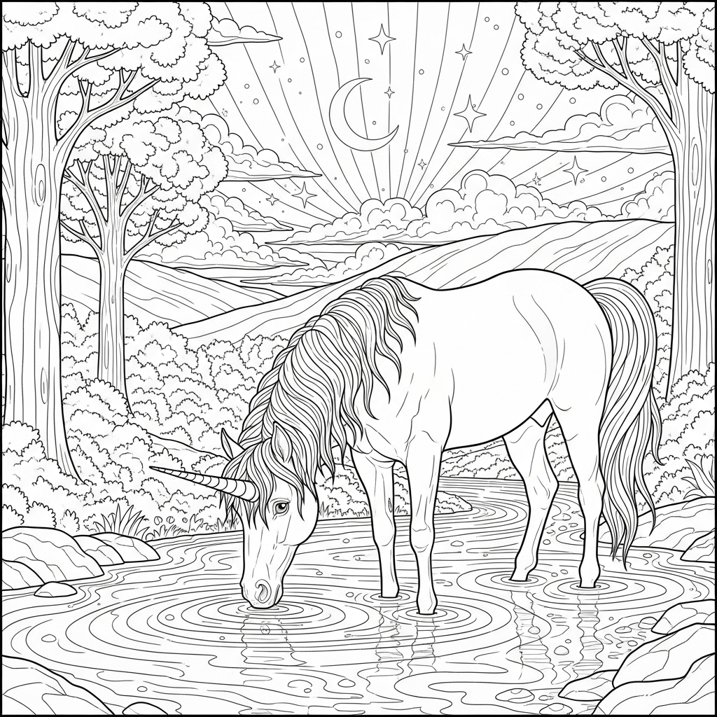 Dessin à Colorier : Licorne Réaliste Difficile Buvant à une Rivière Magique coloring page printable
