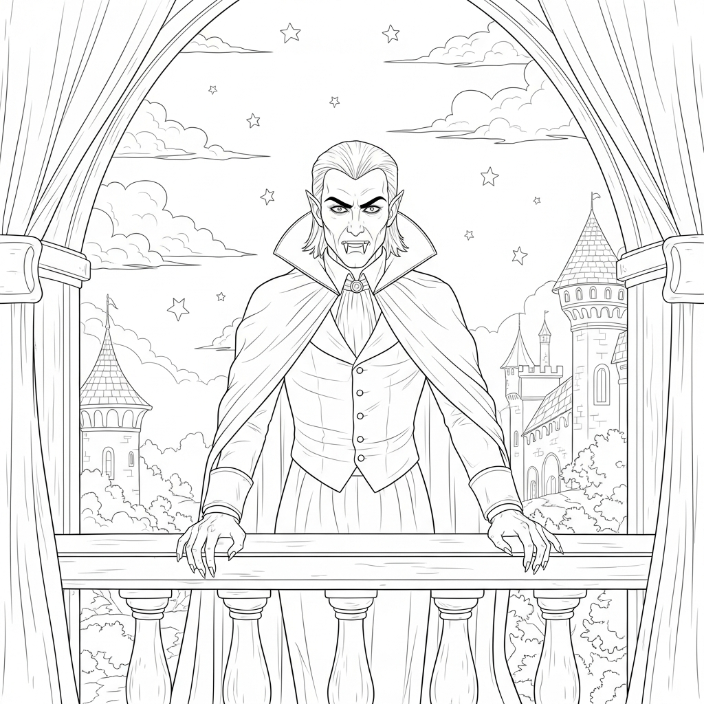 Coloriage d'un Vampire Réaliste au Balcon d'un Château coloring page printable