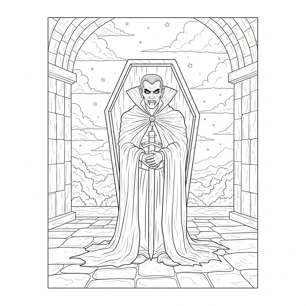 Hart und realistisch: Vampir im Steinkammer-Färbebild coloring page printable
