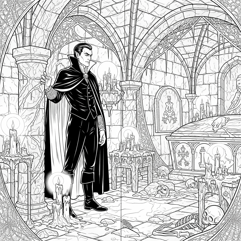 Realistic Vampire Coloring Page in a Candlelit Crypt coloring page printable