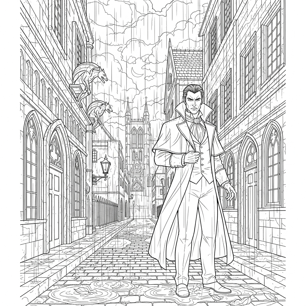 Schwierige realistische Vampir-Ausmalbild auf regnerischer Nachtstraße coloring page printable