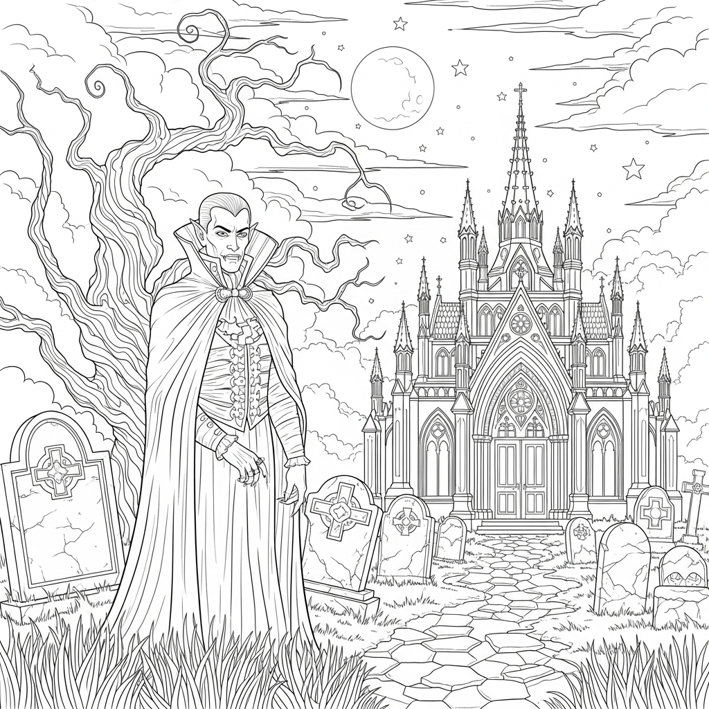 Realistic Vampire in Gothic Cemetery Coloring Page coloring page printable