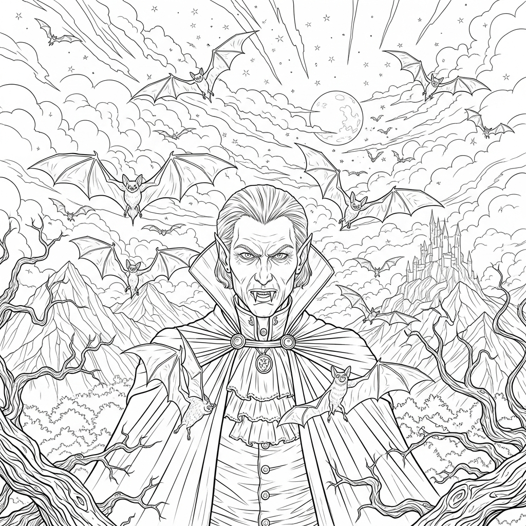 Vampiro Realistico Difficile con Compagni Pipistrelli - Pagina da Colorare coloring page printable