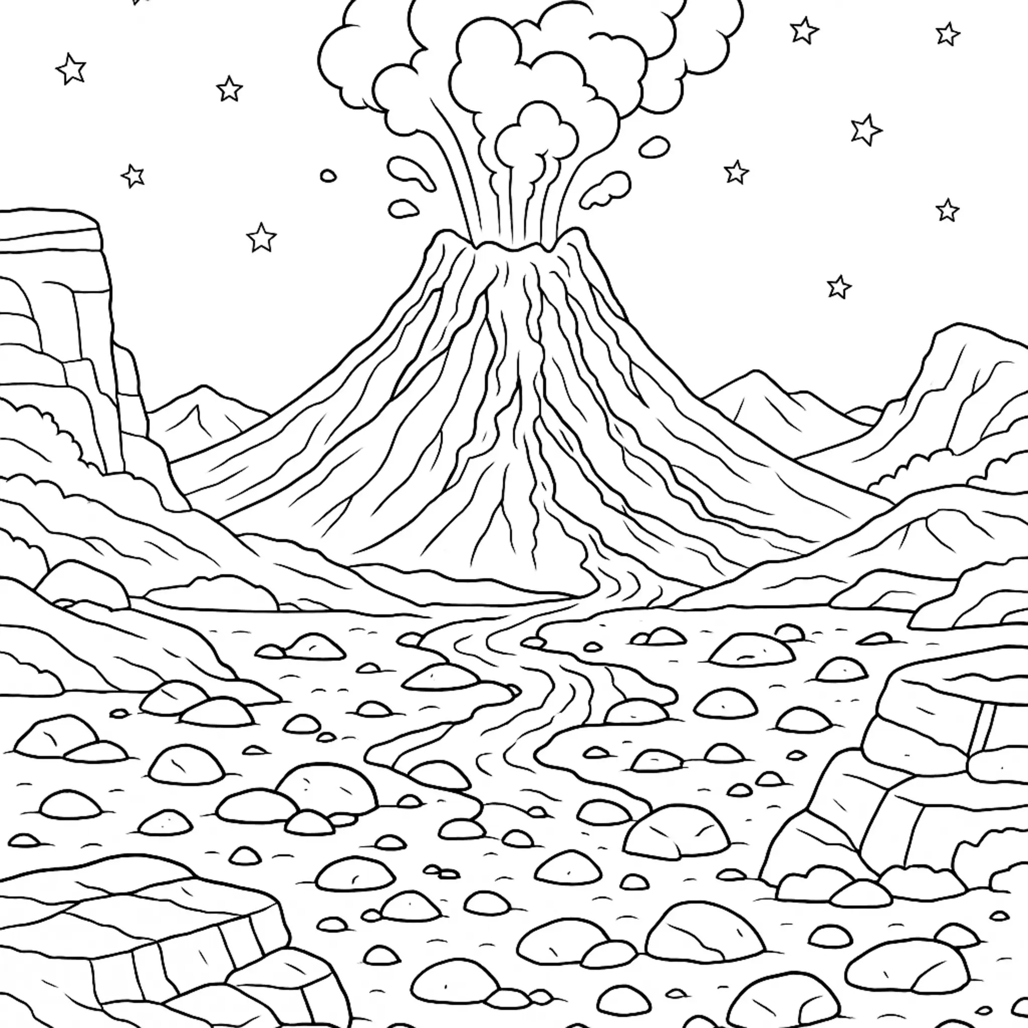 Colora il Vulcano Realistico nel Deserto Roccioso coloring page printable