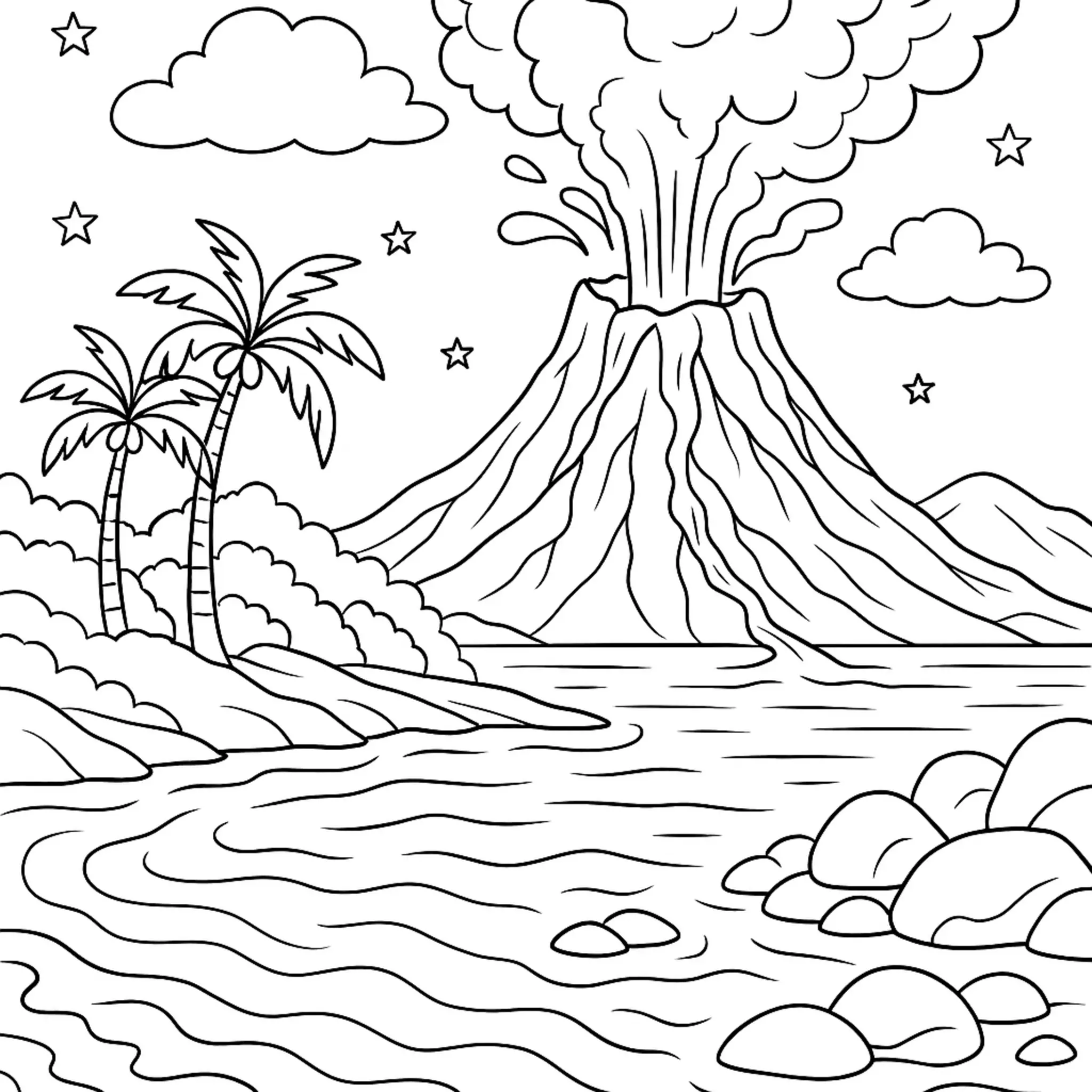 Pagina da Colorare: Vulcano Realistico Difficile su Riva Insulare coloring page printable