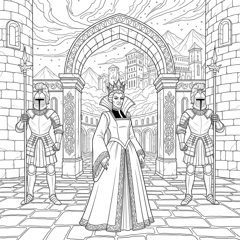 Intricate Wicked Stepmother with Guards in Palace Courtyard Coloring Page coloring page printable