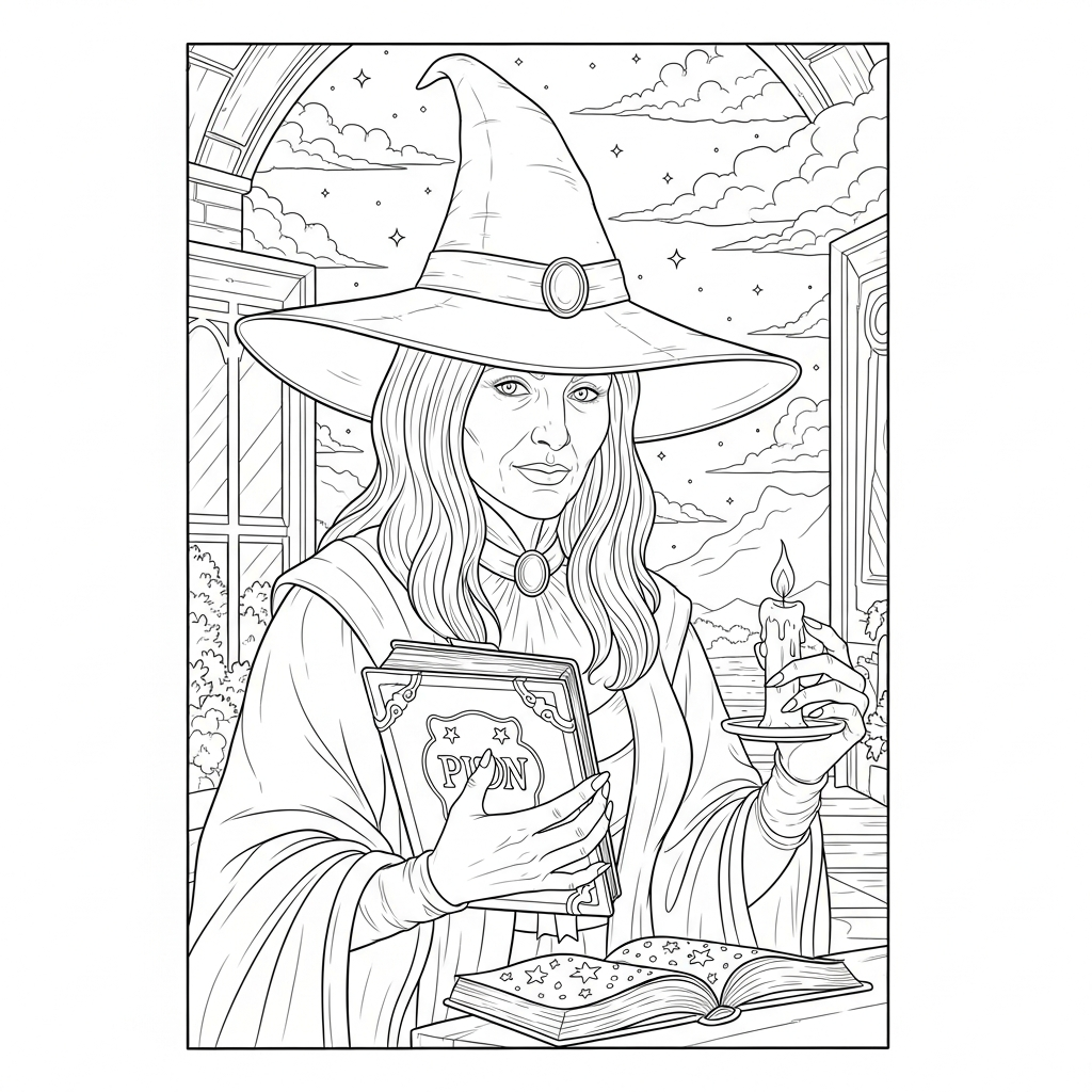 Páginas de Colorir da Madrasta Maléfica com Livro de Feitiços e Vela coloring page printable