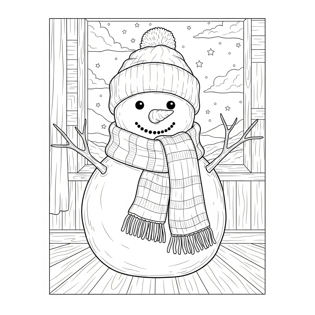 Realistic Winter Scarf on Snowman Coloring Page coloring page printable