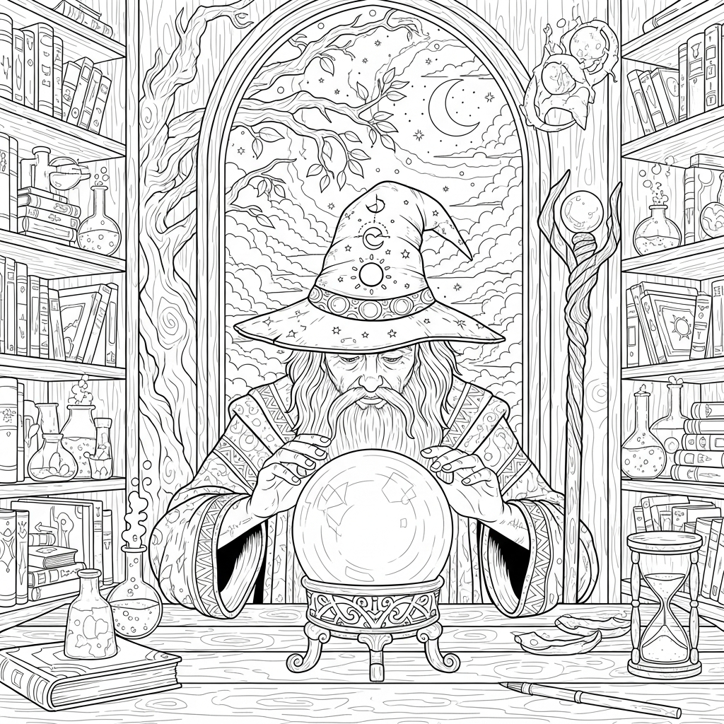 Intricate Wizard Coloring Page Featuring a Crystal Ball coloring page printable