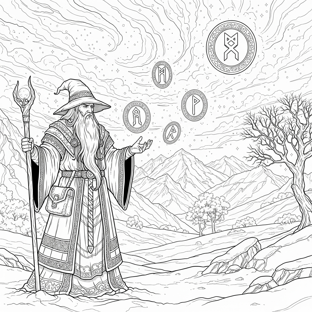 Challenging Realistic Wizard Coloring Page in a Snowy Scene with Floating Runes coloring page printable