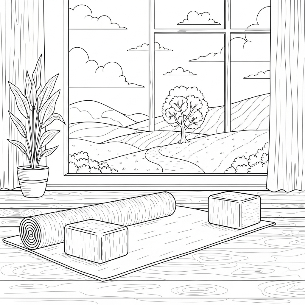 Página de Colorir do Tapete de Yoga Realista e Blocos de Yoga coloring page printable