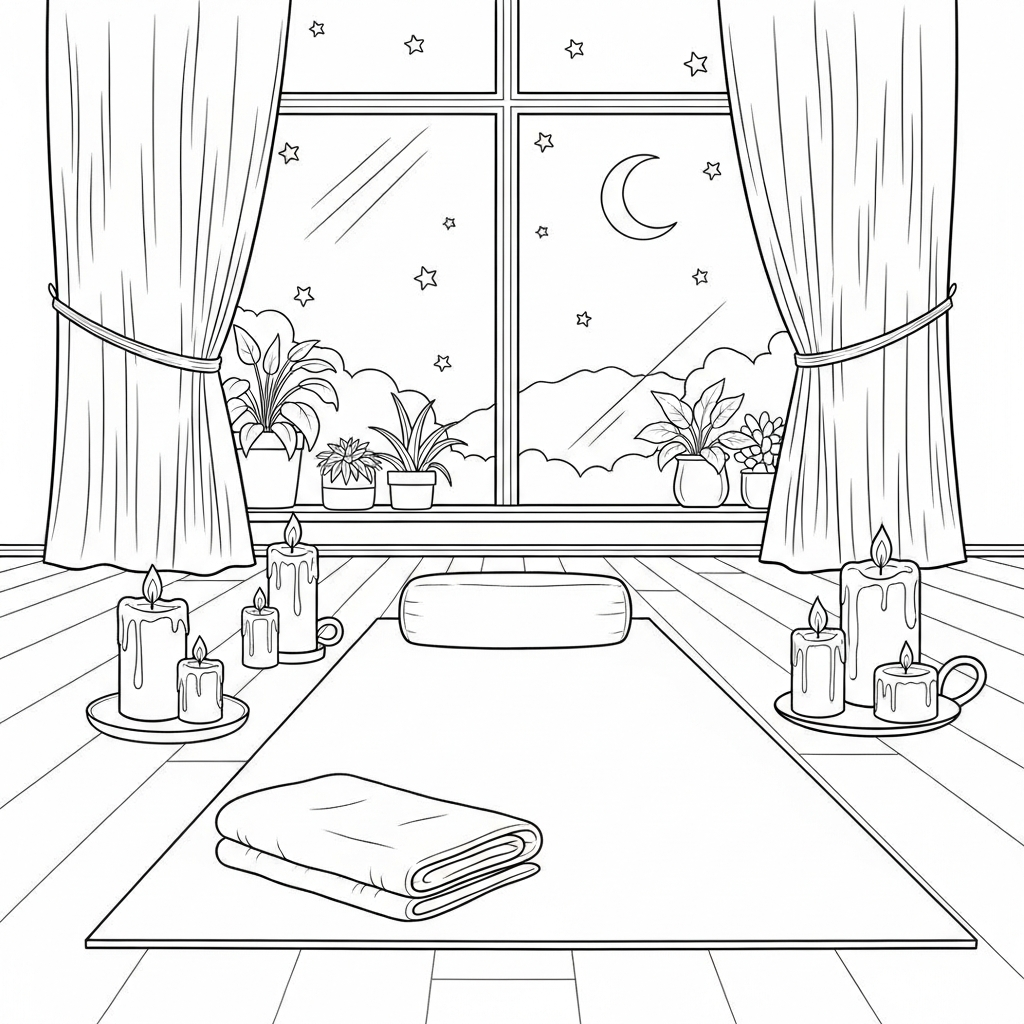 Realistische Kleurplaat van een Yoga Mat naast Handdoek en Kaarsen coloring page printable