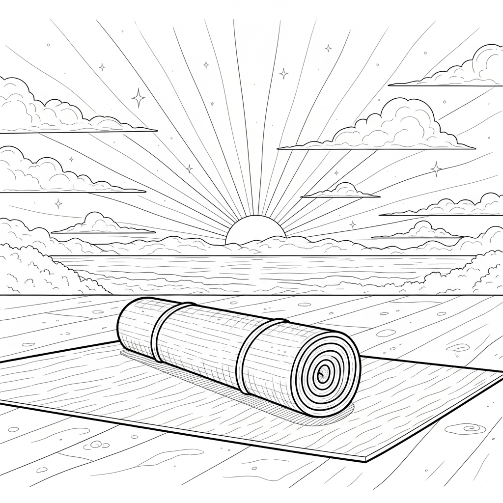 Página de Colorir com Tapete de Yoga Realista na Praia ao Amanhecer coloring page printable