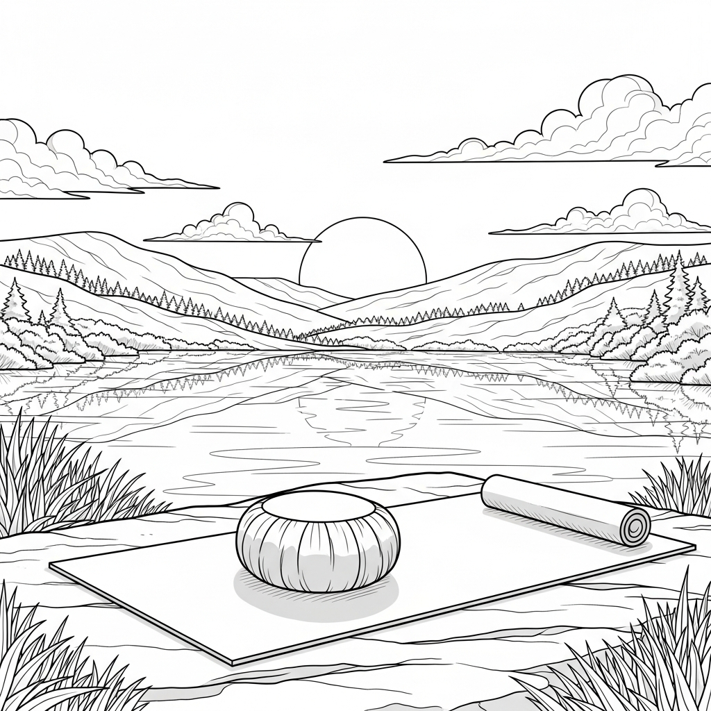 Página para Colorir: Tapete de Yoga Realista com Almofada de Meditação coloring page printable