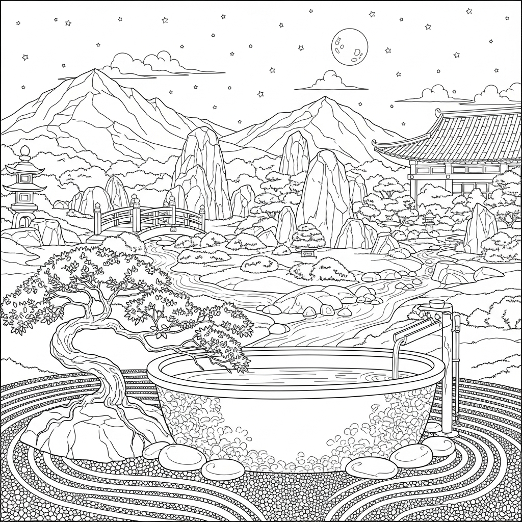 Intricate Zen Garden Bath Experience Coloring Page coloring page printable