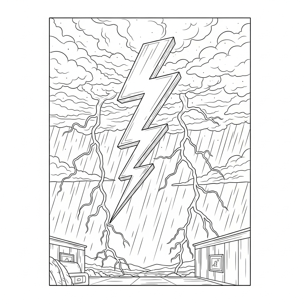 Paglietta da Colorare Fulmini Zigzag Realistici in un Cielo Tempestoso coloring page printable