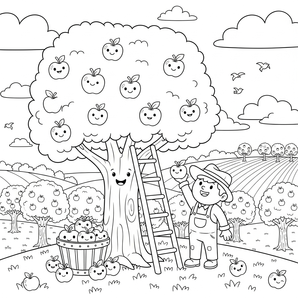 Engaging Cartoon Apple Orchard Harvest Coloring Page for Kids coloring page printable