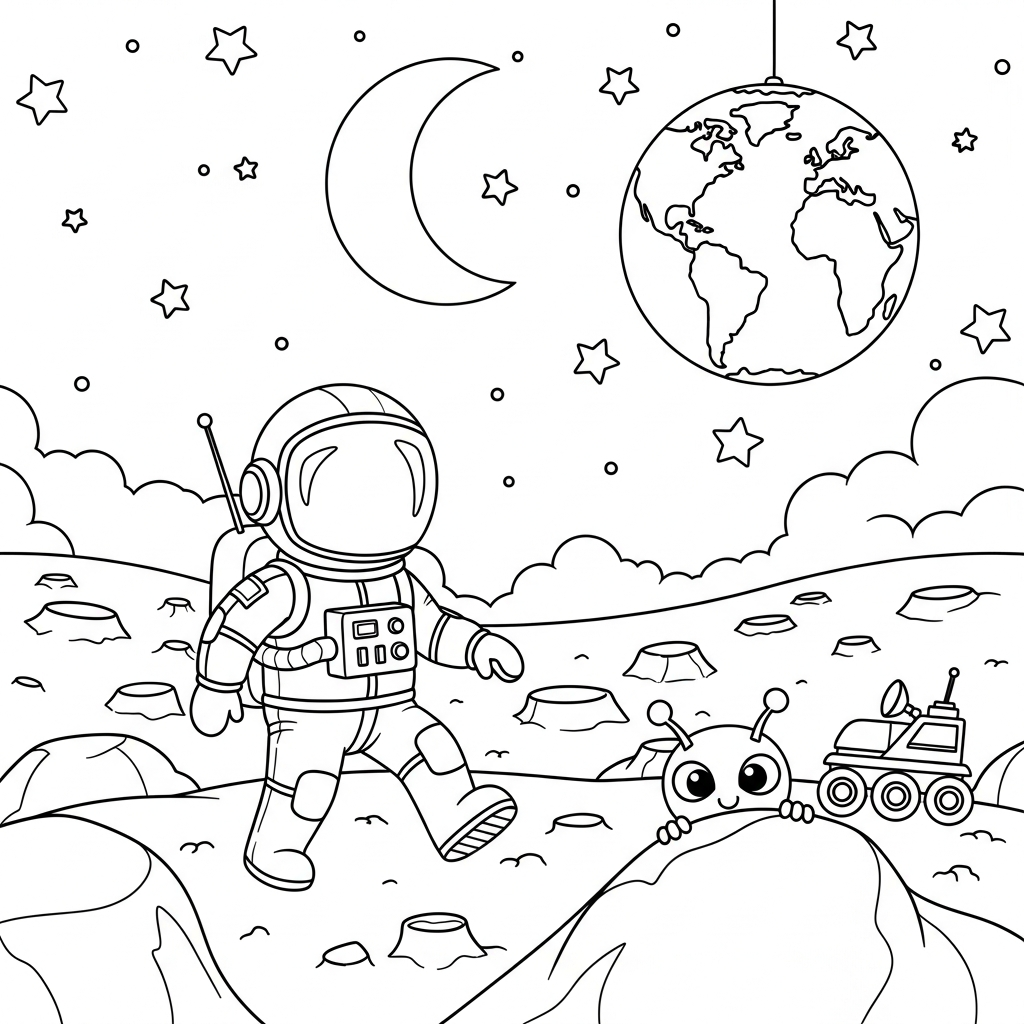 Fun Cartoon Astronaut Coloring Page – Explore the Moon! coloring page printable