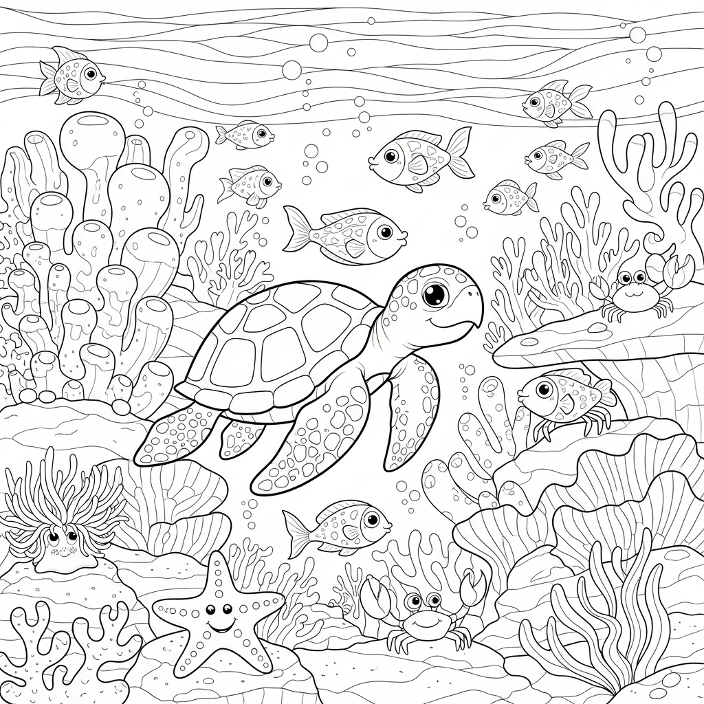 Página de Colorir: Cena Submarina de Recifes de Coral em Estilo Cartoon Médio coloring page printable