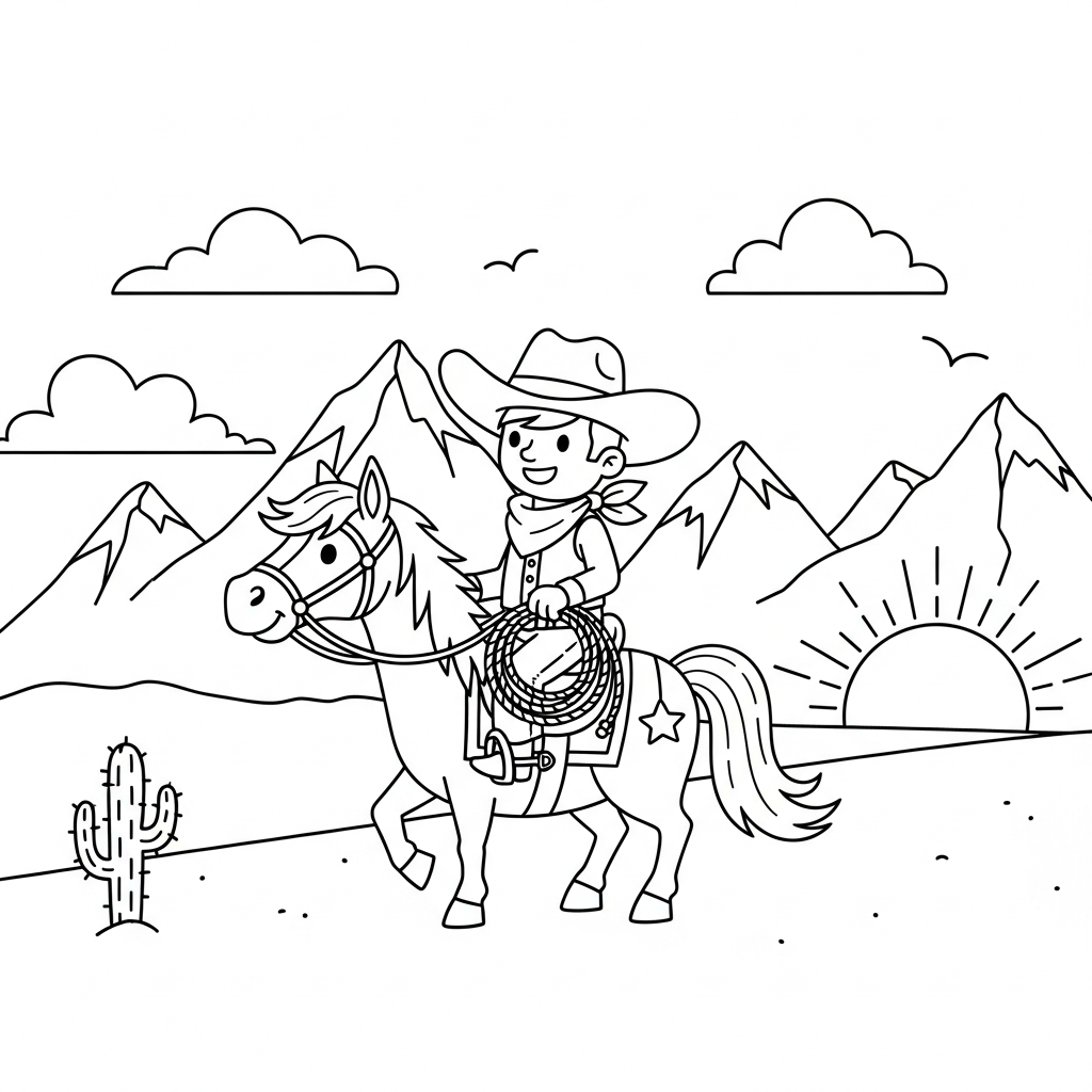 Medium Cartoon Cowboy on Horse Coloring Page coloring page printable