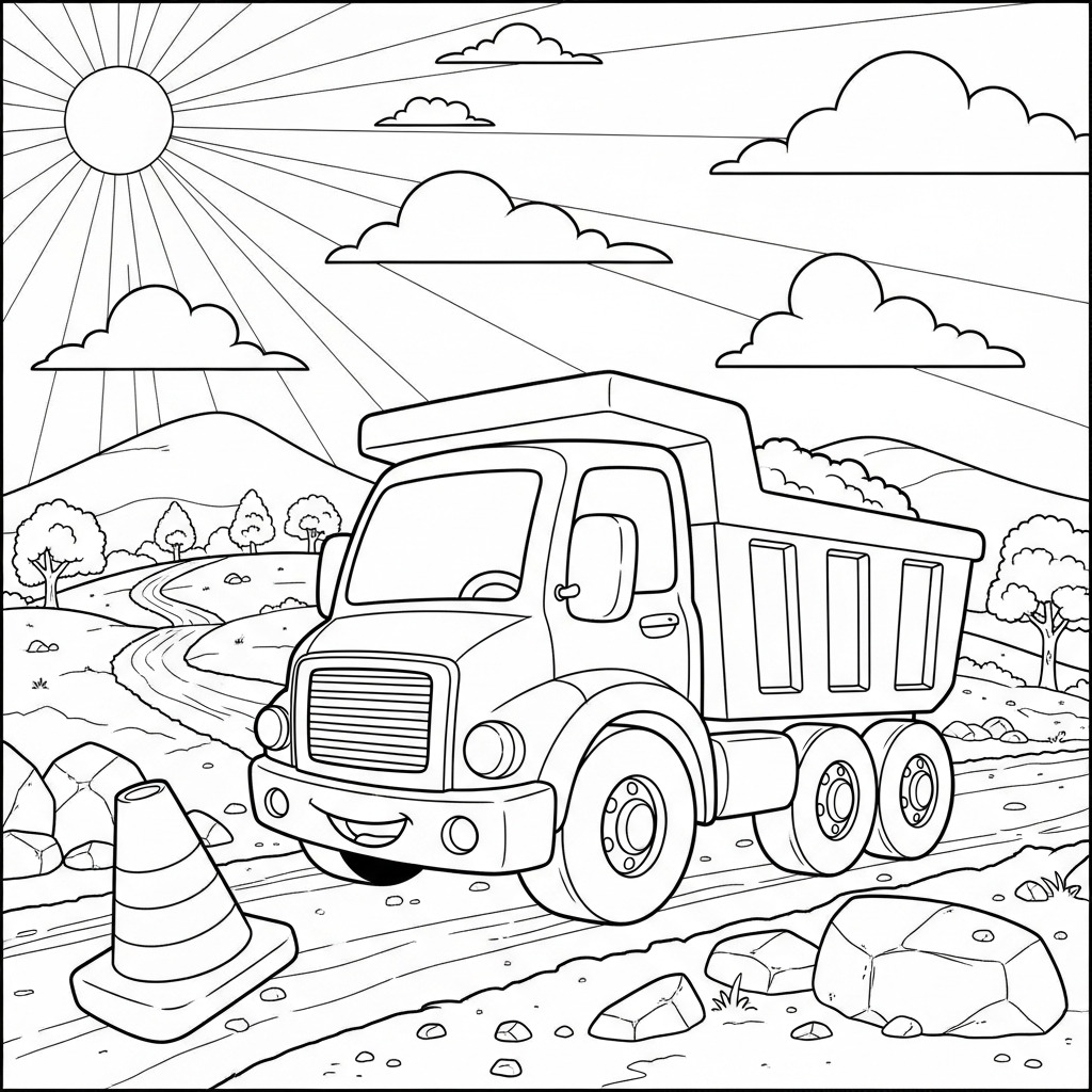 Fun Medium Cartoon Dump Truck Coloring Page for Kids coloring page printable