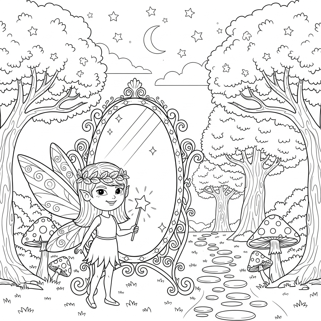 Mittlere Cartoon Fee Neben Magischem Spiegel Ausmalbild coloring page printable