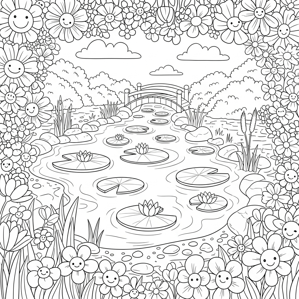 Medium Cartoon Flower Border Coloring Page for a Garden Pond coloring page printable
