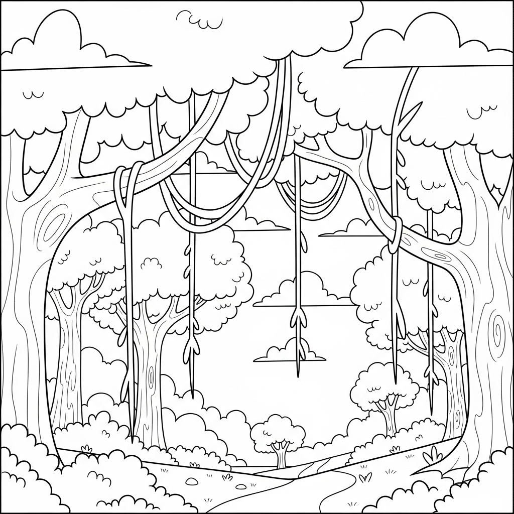 Pagina da Colorare: Canopy di Foresta Cartoon Media con Viti Pendenti coloring page printable