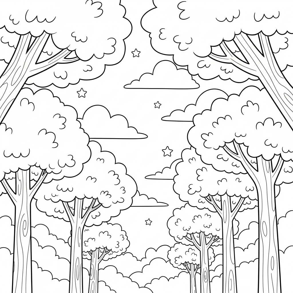 Pagina da Colorare della Canopia del Bosco in Stile Cartone Animato coloring page printable