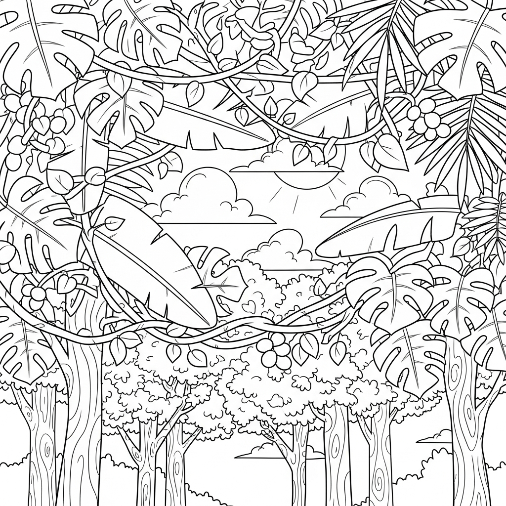 Medium Cartoon Forest Canopy Coloring Page with Tropical Leaves coloring page printable