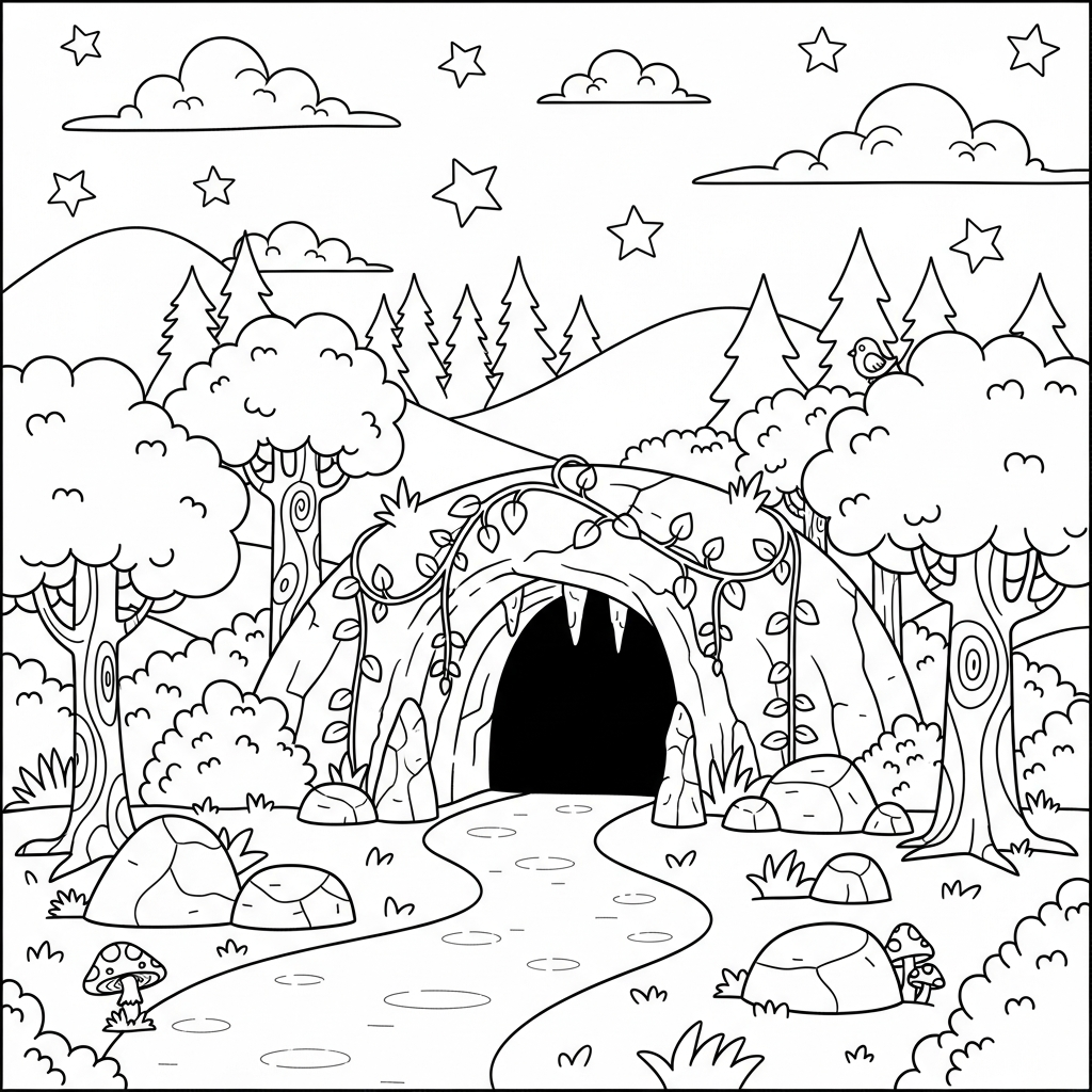 Page à Colorier Entrée de Grotte de Forêt Cartoon Moyenne coloring page printable