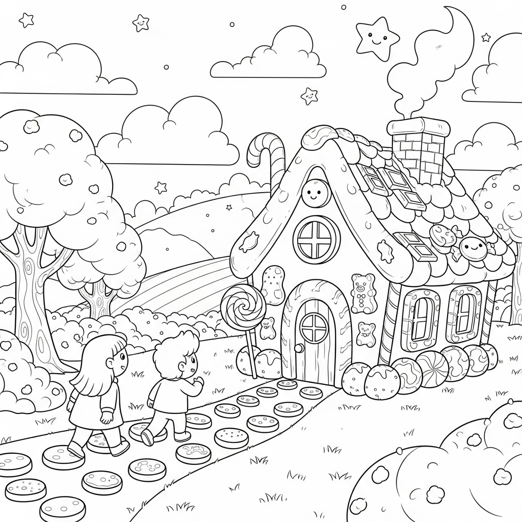 Pagina da Colorare Hansel e Gretel che Si Avvicinano alla Casa di Caramelle coloring page printable