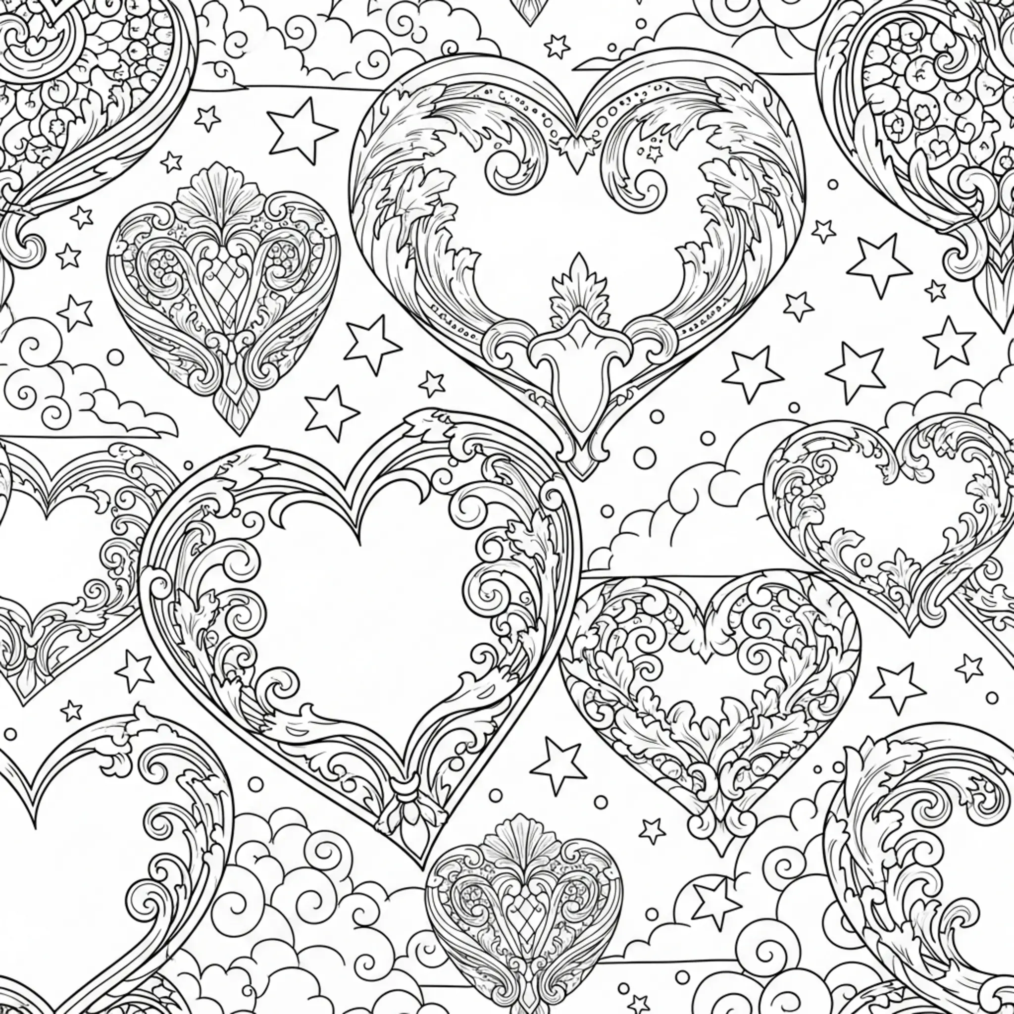 Pagina da Colorare: Pattern Cuori Cartoon di Medie Dimensioni con Ornamenti Barocchi coloring page printable