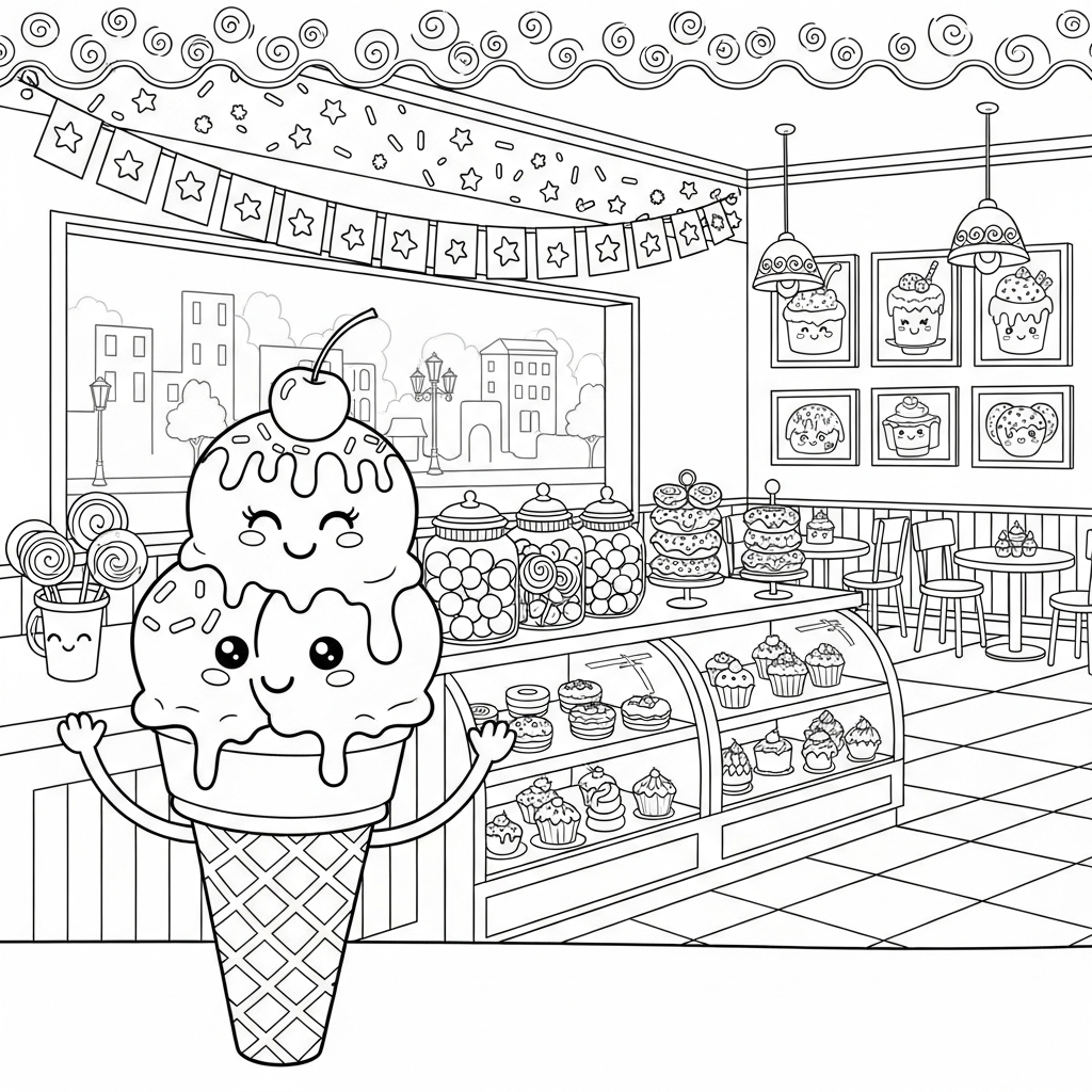 Mittlere Cartoon-Eiscreme im Dessertladen Ausmalbild coloring page printable