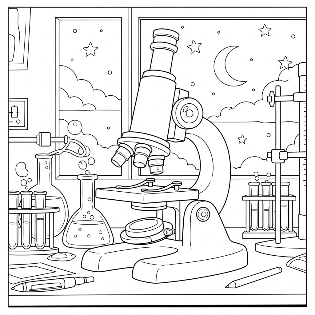 Page de Coloriage du Microscope de Laboratoire Cartoon Moyen sur le Bureau de Science coloring page printable