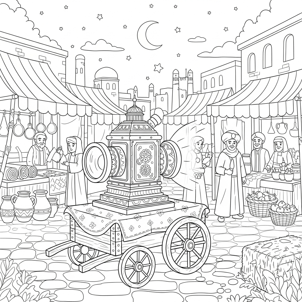 Pagina da Colorare: Lanterna Magica in un Mercato Antico coloring page printable